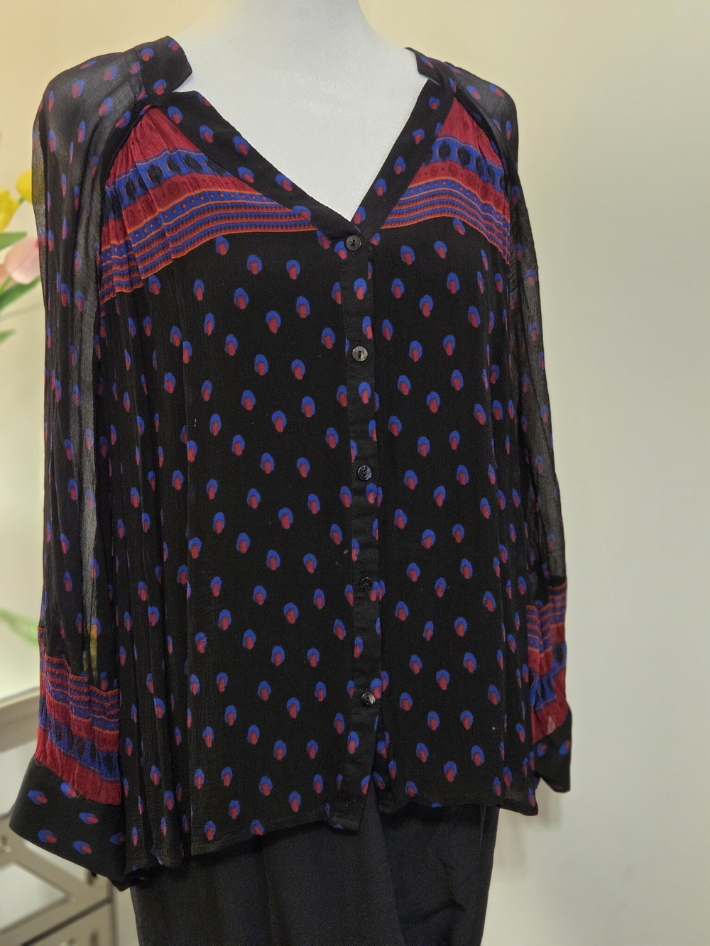 ba&sh Black V-Neck Button Blouse with Red & Blue Print
